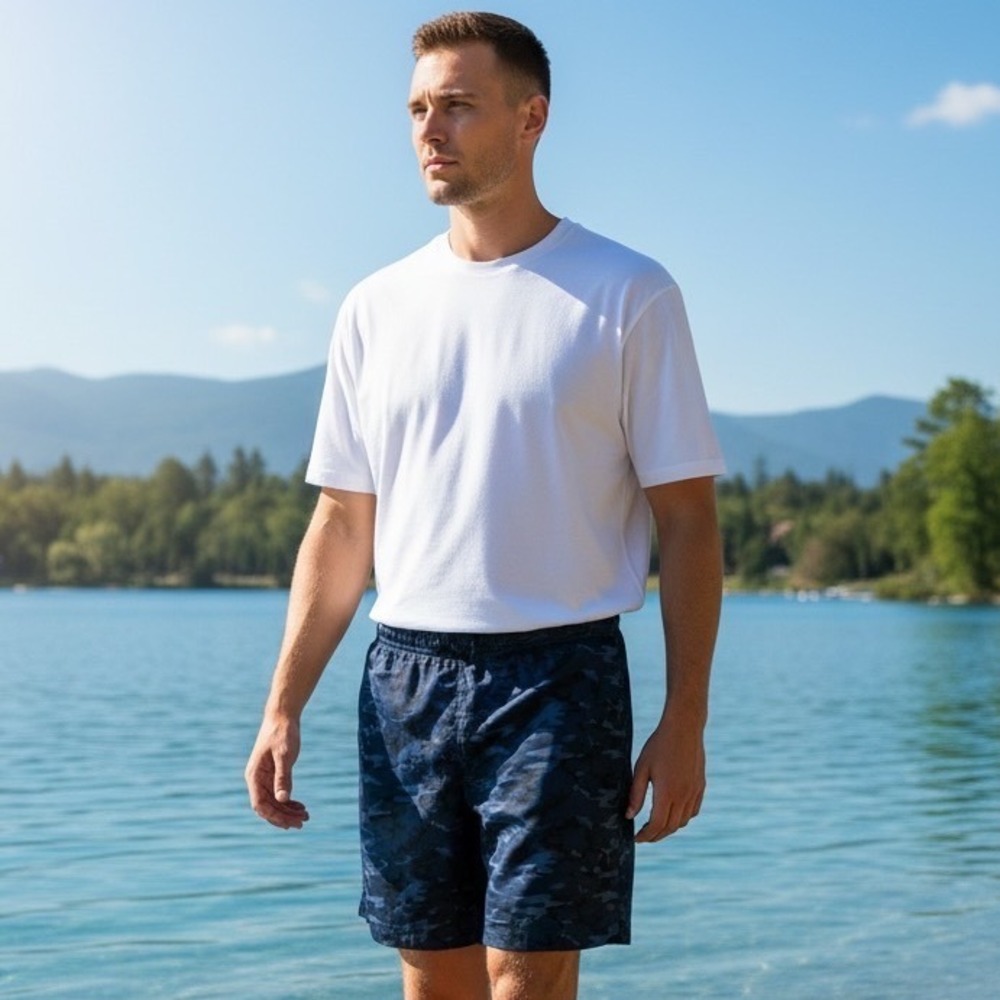Mack Weldon Mens Navy Blue Camo Board Shorts Swim‎ Trunks Mesh Liner Medium 6in